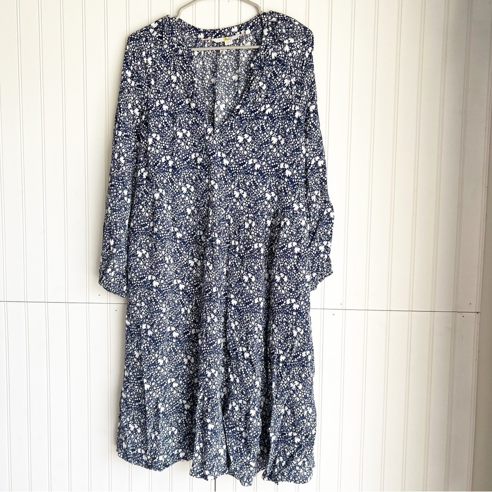 BODEN Size 8 L Navy Blue White Floral Notch Tiered Puff Sleeve Midi Dress